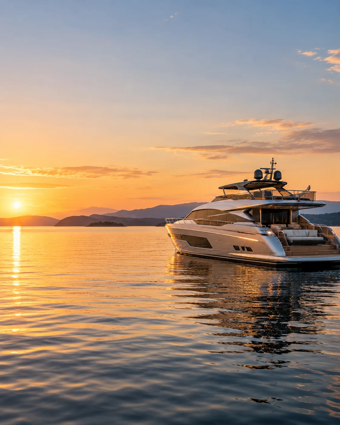 Private Luxusyacht auf ruhigem Wasser in warmer Abendstimmung